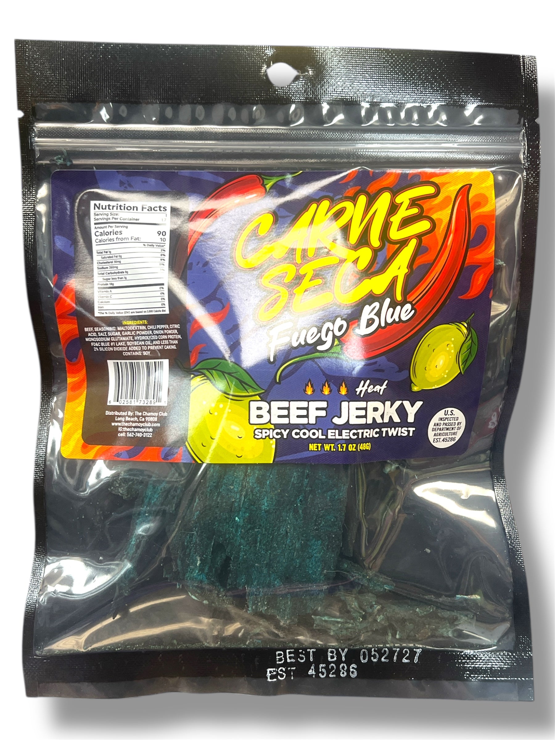 Carne Seca Fuego Blue Beef Jerky Cool Electric Twist Crunchy Spicy 1.7 OZ